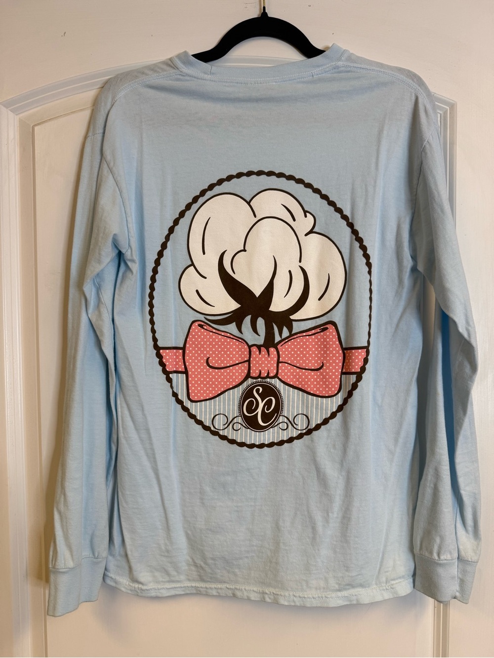 Southern Couture Blue Cotton Long Sleeve Cotton Boll Bow Graphic Shirt